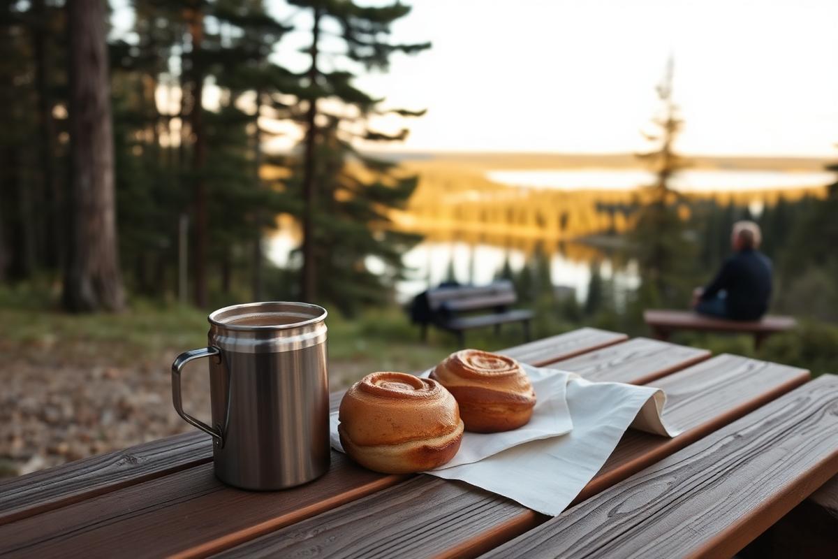 Termos och kanelbullar på ett bord med utsikt över en sjö